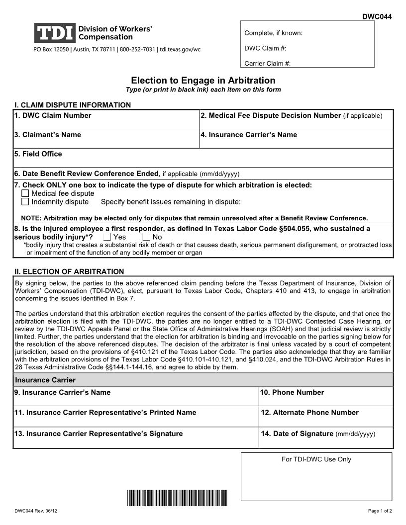Election To Engage In Arbitration {DWC-44} | Pdf Fpdf Doc Docx | Texas