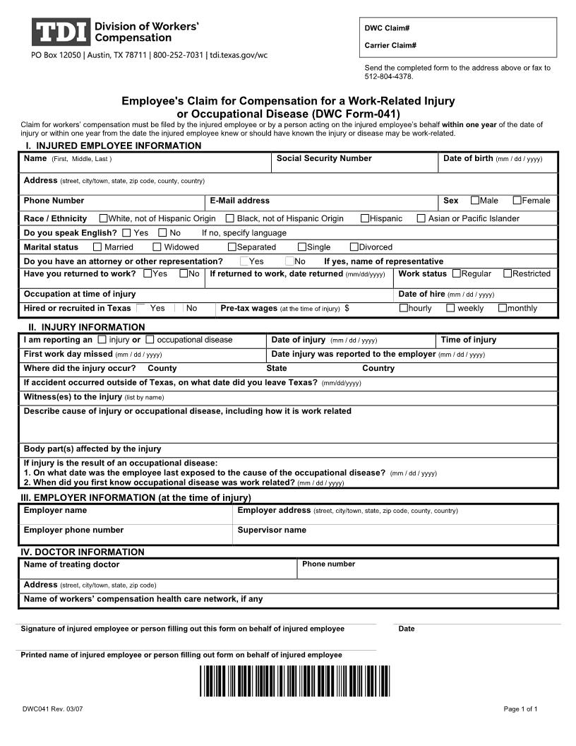 Employees Claim For Compensation For A Work-Related Injury Or Occupational Disease {DWC-41} | Pdf Fpdf Docx | Texas