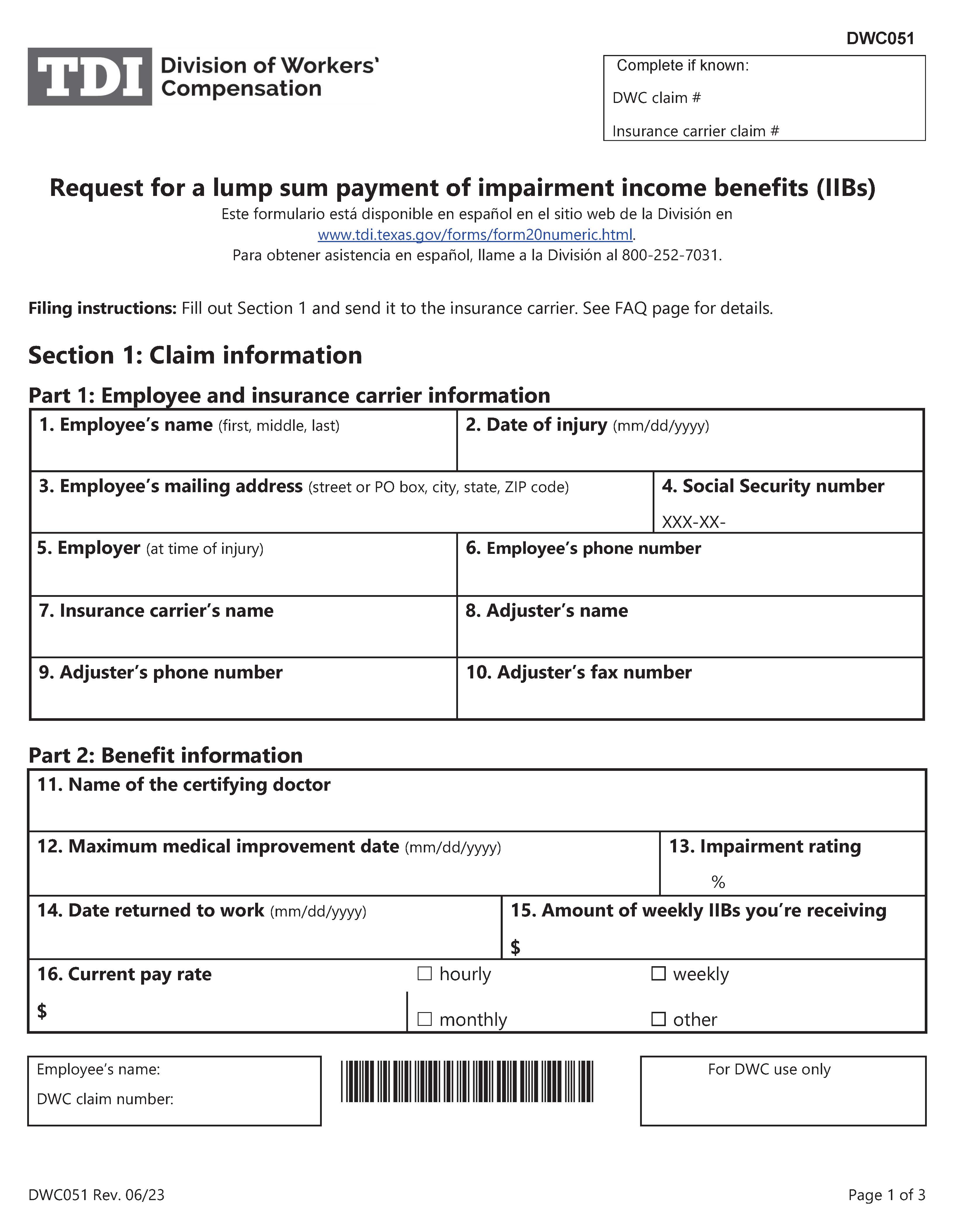 Employees Election For Commuted (Lump Sum) Impairment Income Benefits {DWC-51} | Pdf Fpdf Doc Docx | Texas