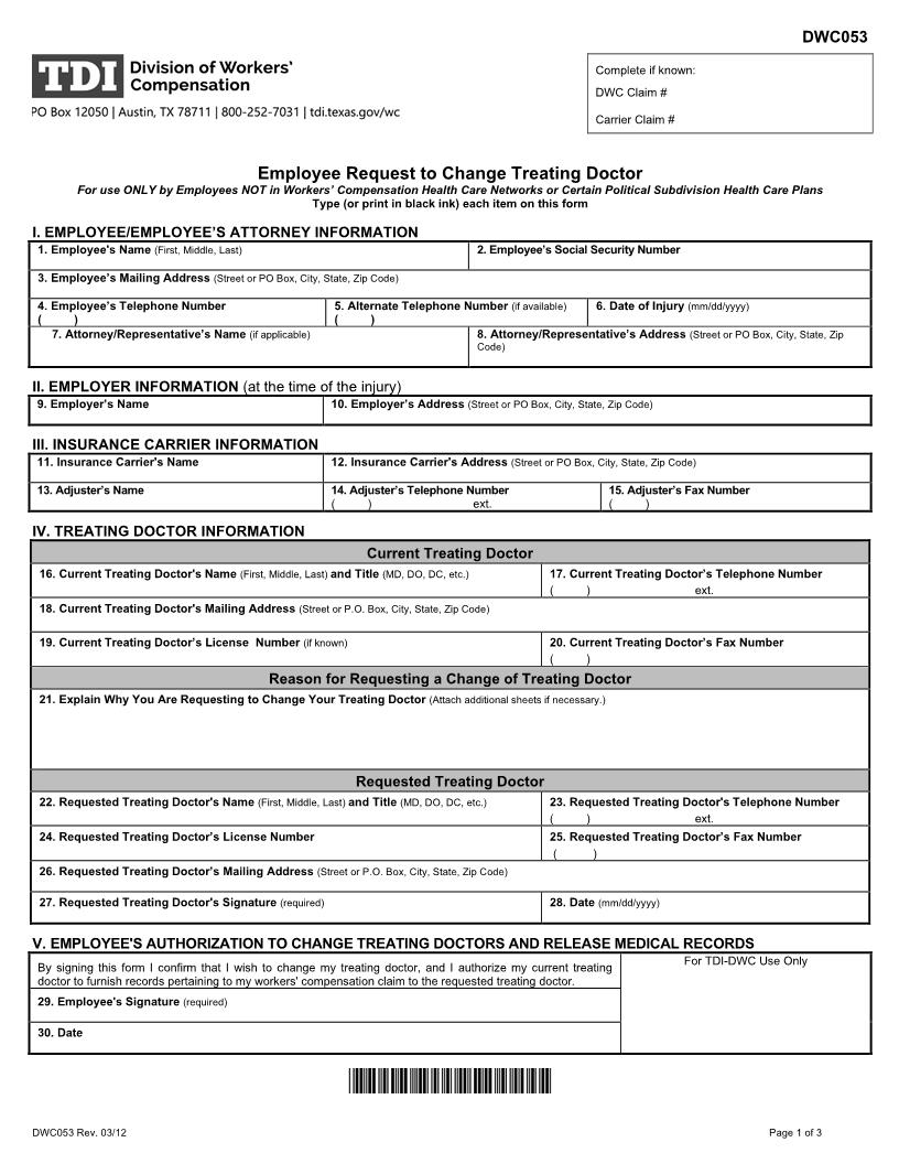 Employees Request To Change Treating Doctors (Non Network) {DWC-53} | Pdf Fpdf Doc Docx | Texas