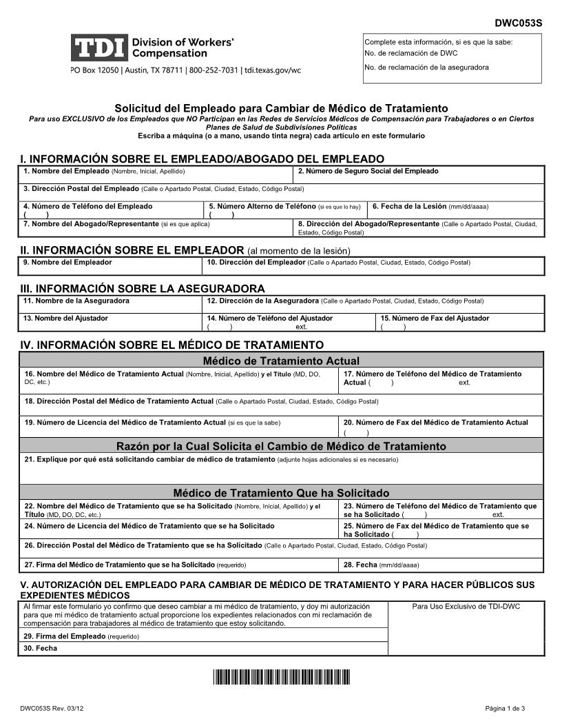 Employees Request To Change Treating Doctors (Non Network) (Spanish) {DWC-53S} | Pdf Fpdf Doc Docx | Texas