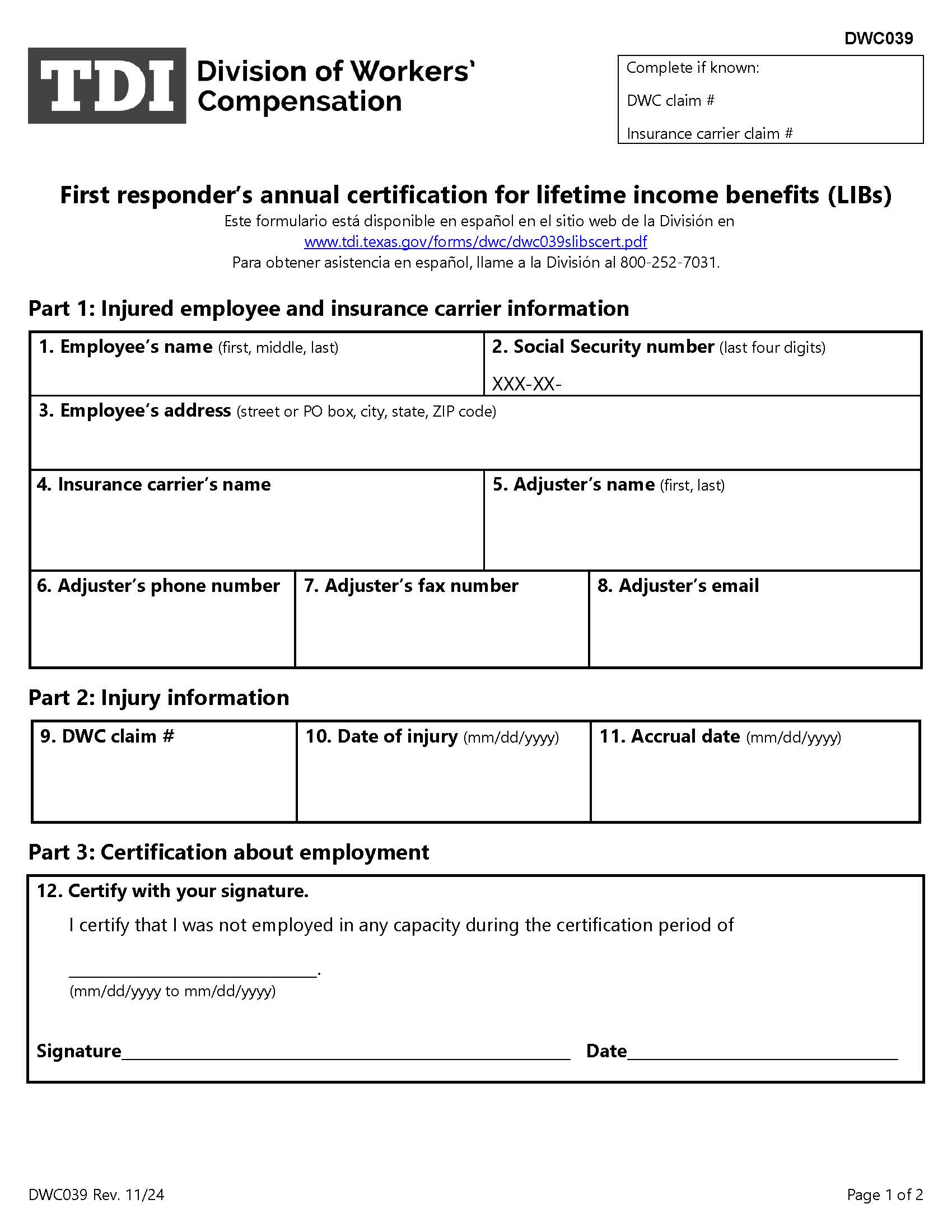 First Responders Annual Certification For Lifetime Income Benefits (LIBs) {DWC-39} | Pdf Fpdf Docx | Texas
