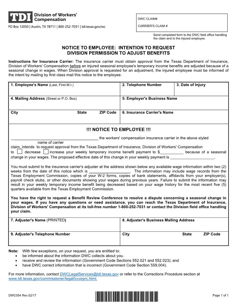 Notice To Employee - Intention To Request Commission Permission To Adjust Benefits {DWC-54} | Pdf Fpdf Doc Docx | Texas