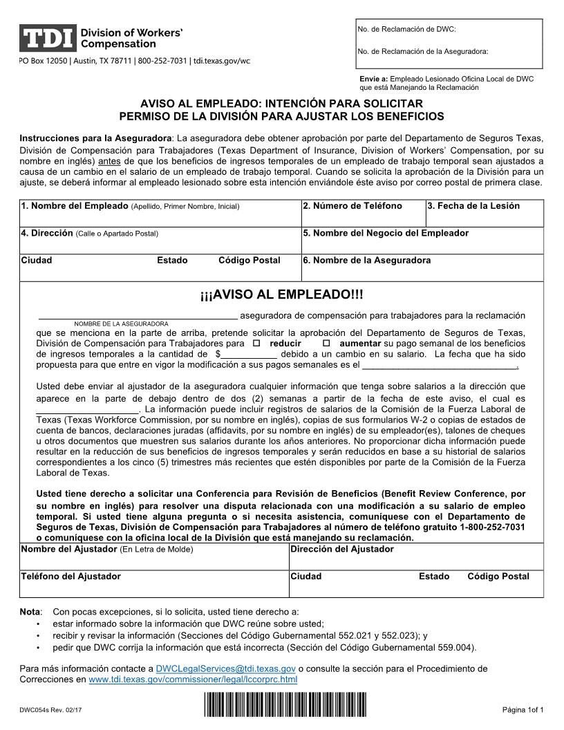 Notice To Employee - Intention To Request Commission Permission To Adjust Benefits (Spanish) {DWC-54S} | Pdf Fpdf Doc Docx | Texas
