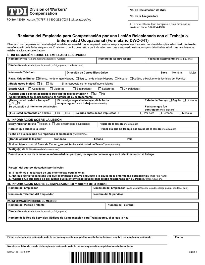 Reclamo Del Empleado Para Compensacion Por Una Lesion Reclacionada Con El Trabajo O Enfermedad Ocupacional {DWC-41s} | Pdf Fpdf Doc Docx | Texas