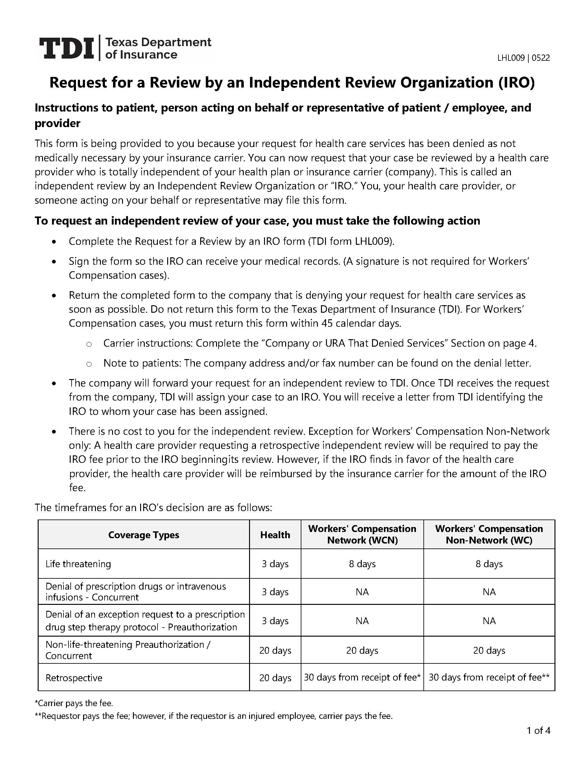 Request For A Review By An Independent Review Organization {LHL009} | Pdf Fpdf Docx | Texas
