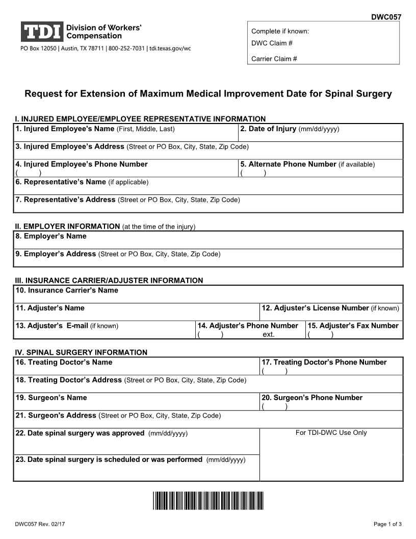 Request For Extension Of Maximum Medical Improvement For Spinal Surgery {DWC-57} | Pdf Fpdf Doc Docx | Texas