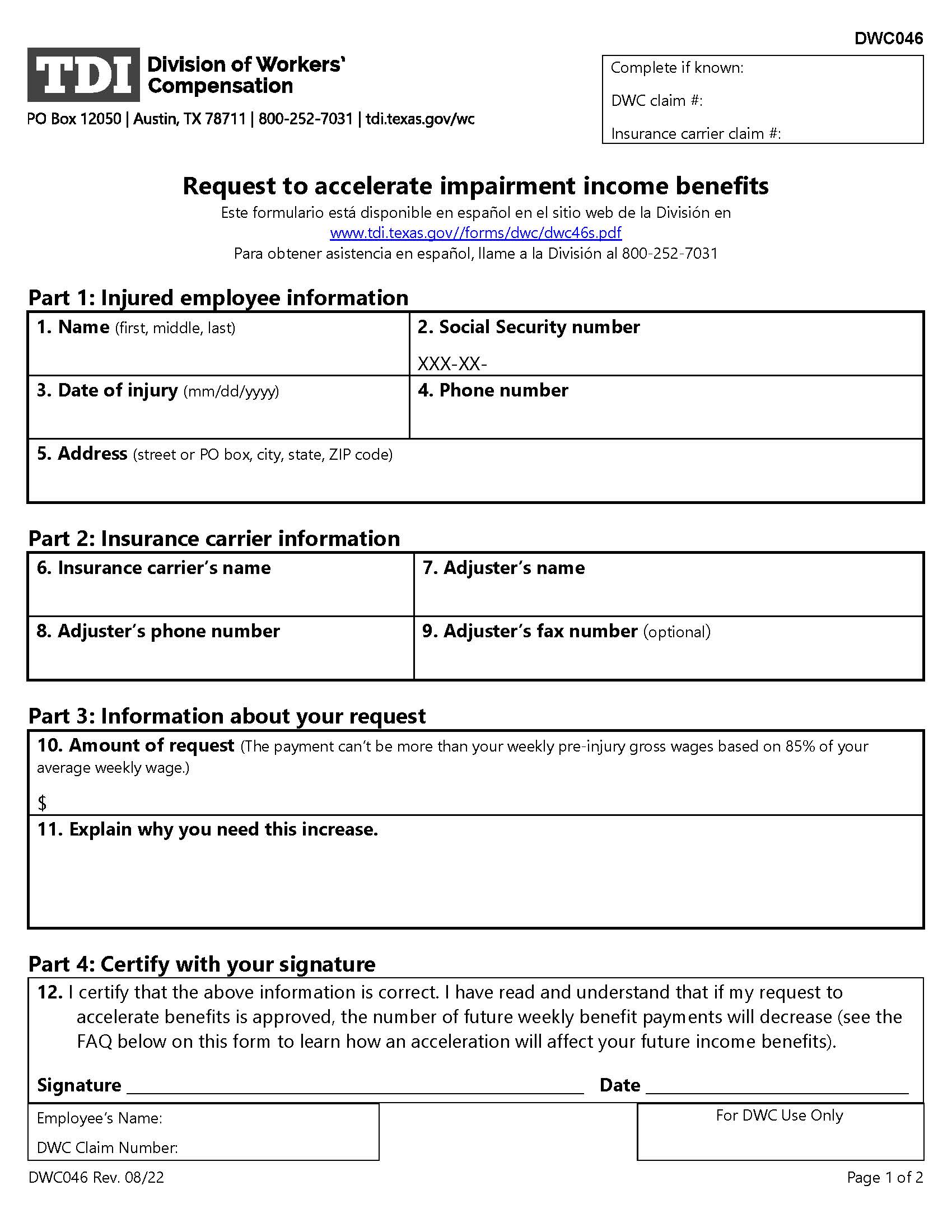 Request To Accelerate Impairment Income Benefits {DWC-046} | Pdf Fpdf Doc Docx | Texas