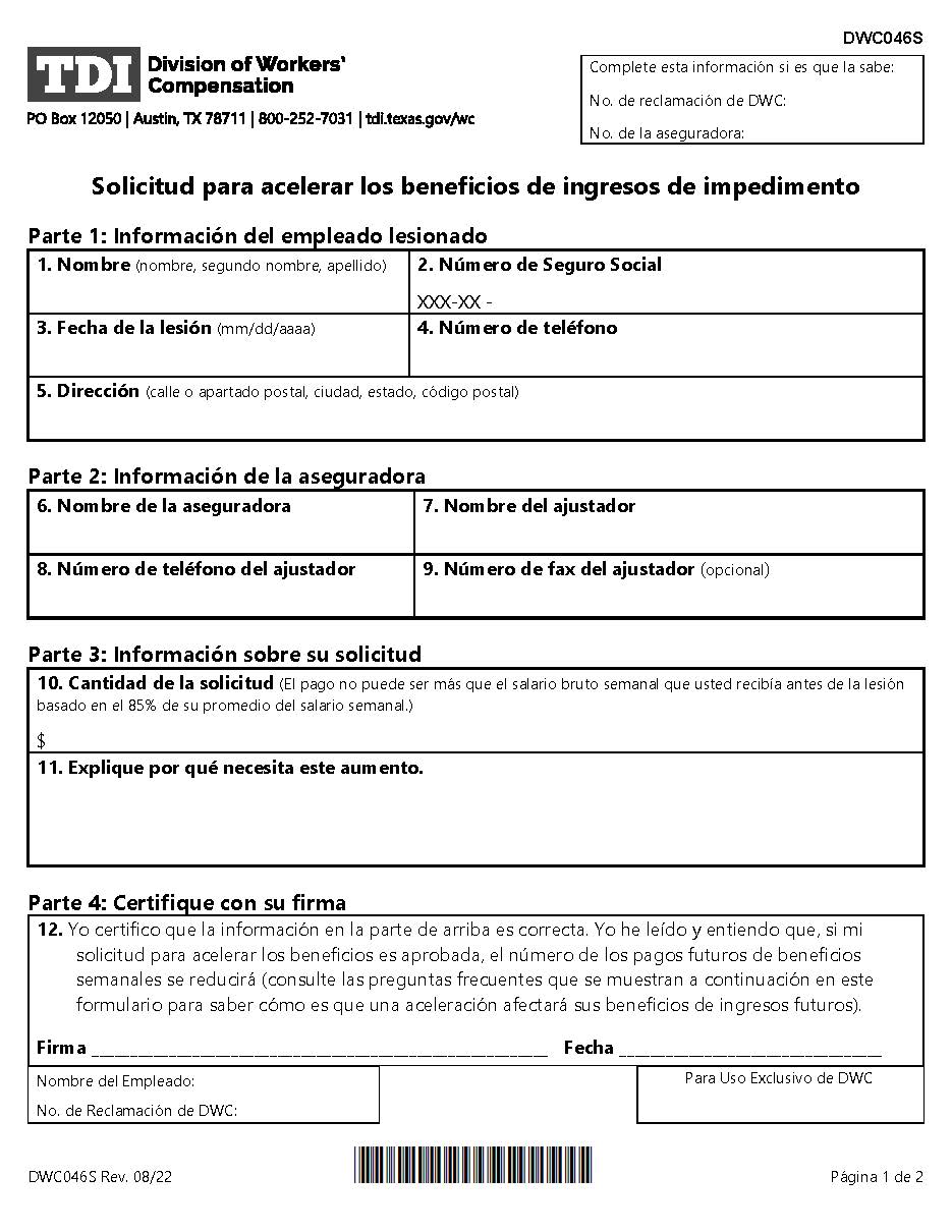 Request To Accelerate Impairment Income Benefits (Spanish) {DWC-046S} | Pdf Fpdf Doc Docx | Texas