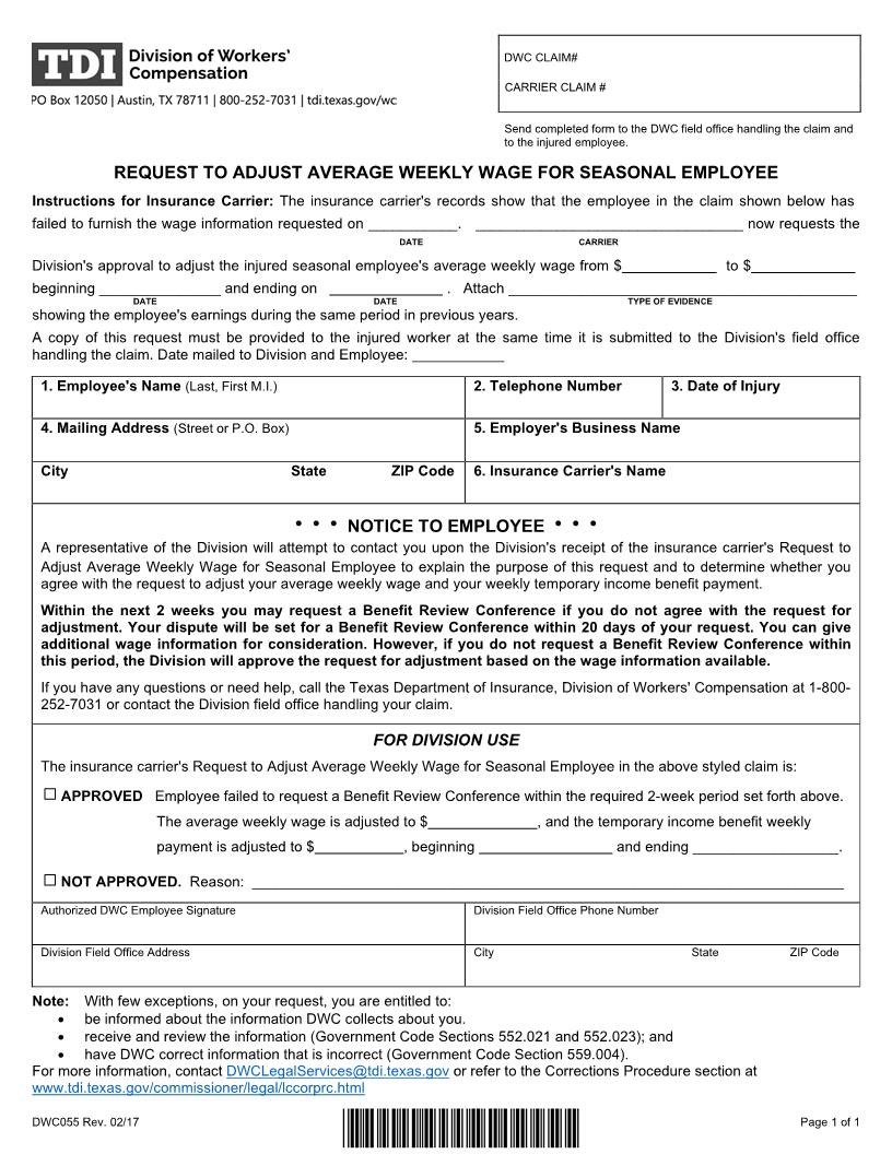 Request To Adjust Average Weekly Wage For Seasonal Employee {DWC-55} | Pdf Fpdf Doc Docx | Texas