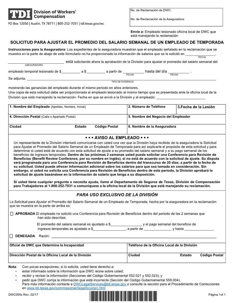 Request To Adjust Average Weekly Wage For Seasonal Employee (Spanish) {DWC-55S} | Pdf Fpdf Doc Docx | Texas