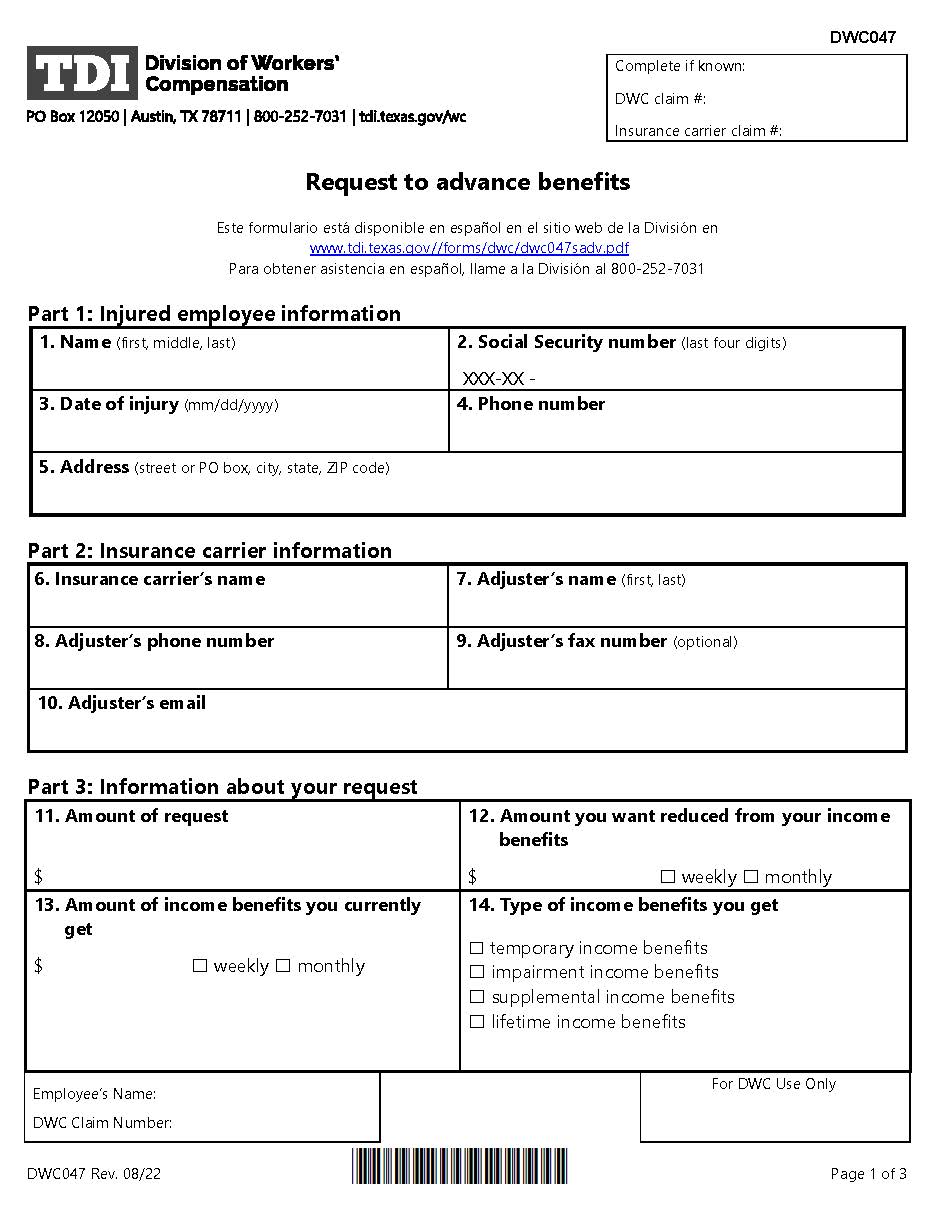 Request To Advance Benefits {DWC-047} | Pdf Fpdf Doc Docx | Texas
