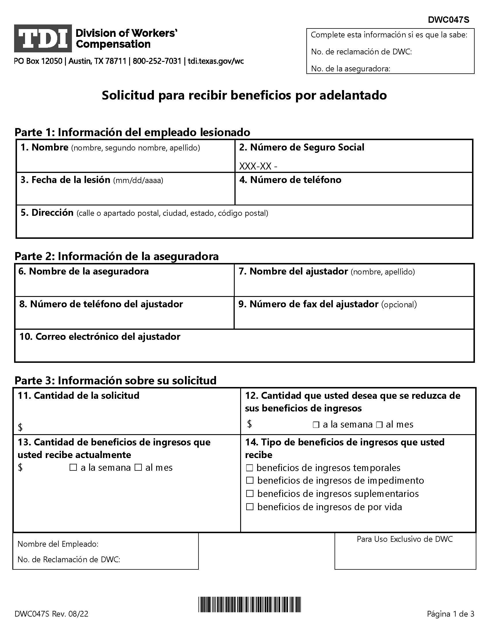 Request To Advance Benefits (Spanish) {DWC-047S} | Pdf Fpdf Doc Docx | Texas