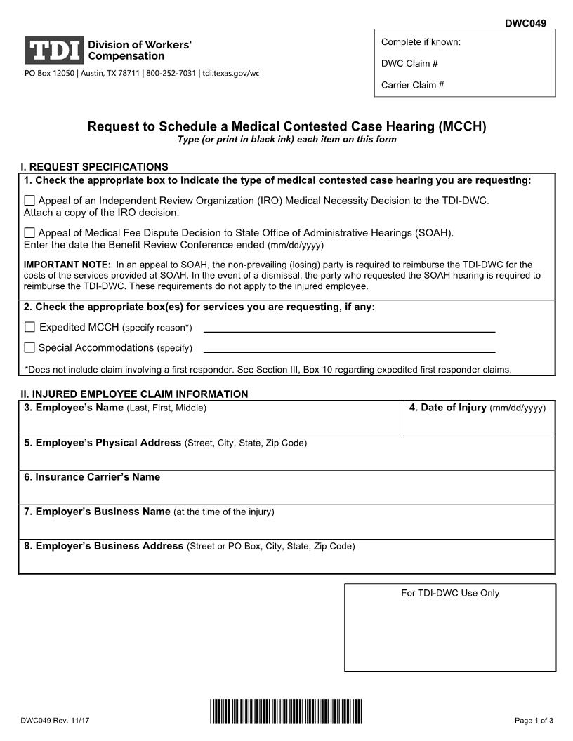 Request To Schedule A Medical Contested Case Hearing {DWC-49} | Pdf Fpdf Docx | Texas