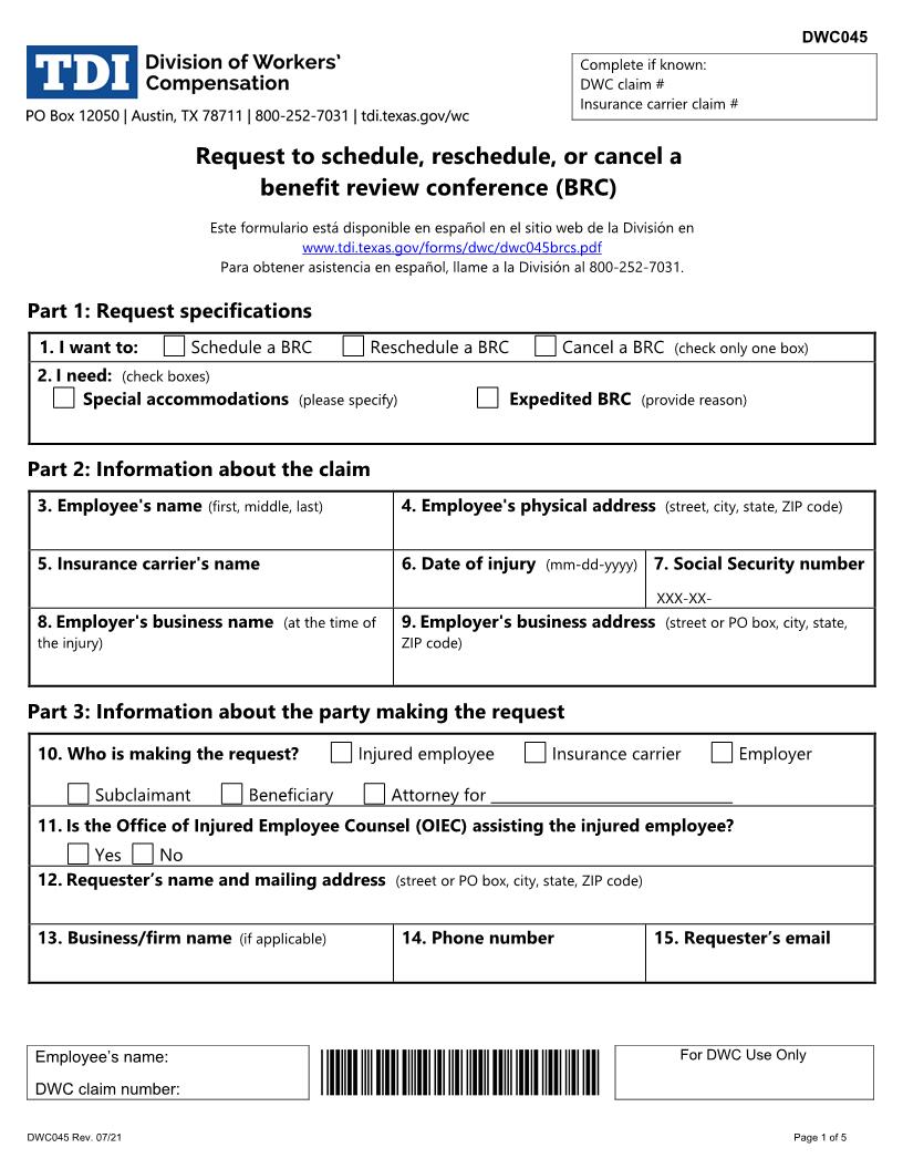 Request To Schedule Reschedule Or Cancel A Benefit Review Conference {DWC-45} | Pdf Fpdf Docx | Texas