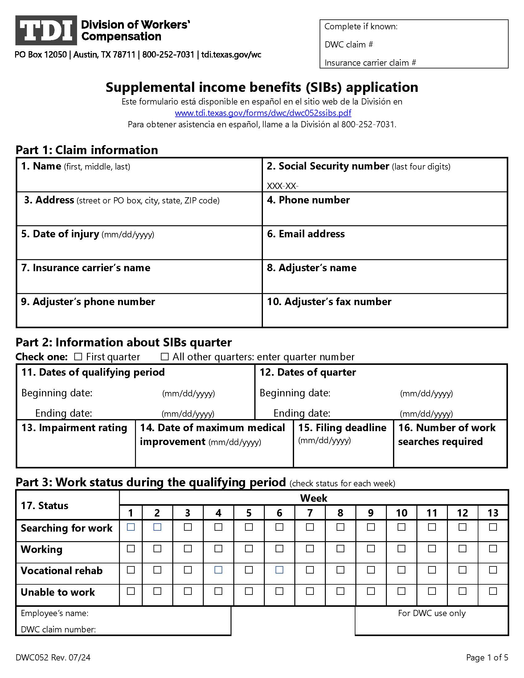 Supplemental Income Benefits (SIBs) Application {DWC-52} | Pdf Fpdf Doc Docx | Texas