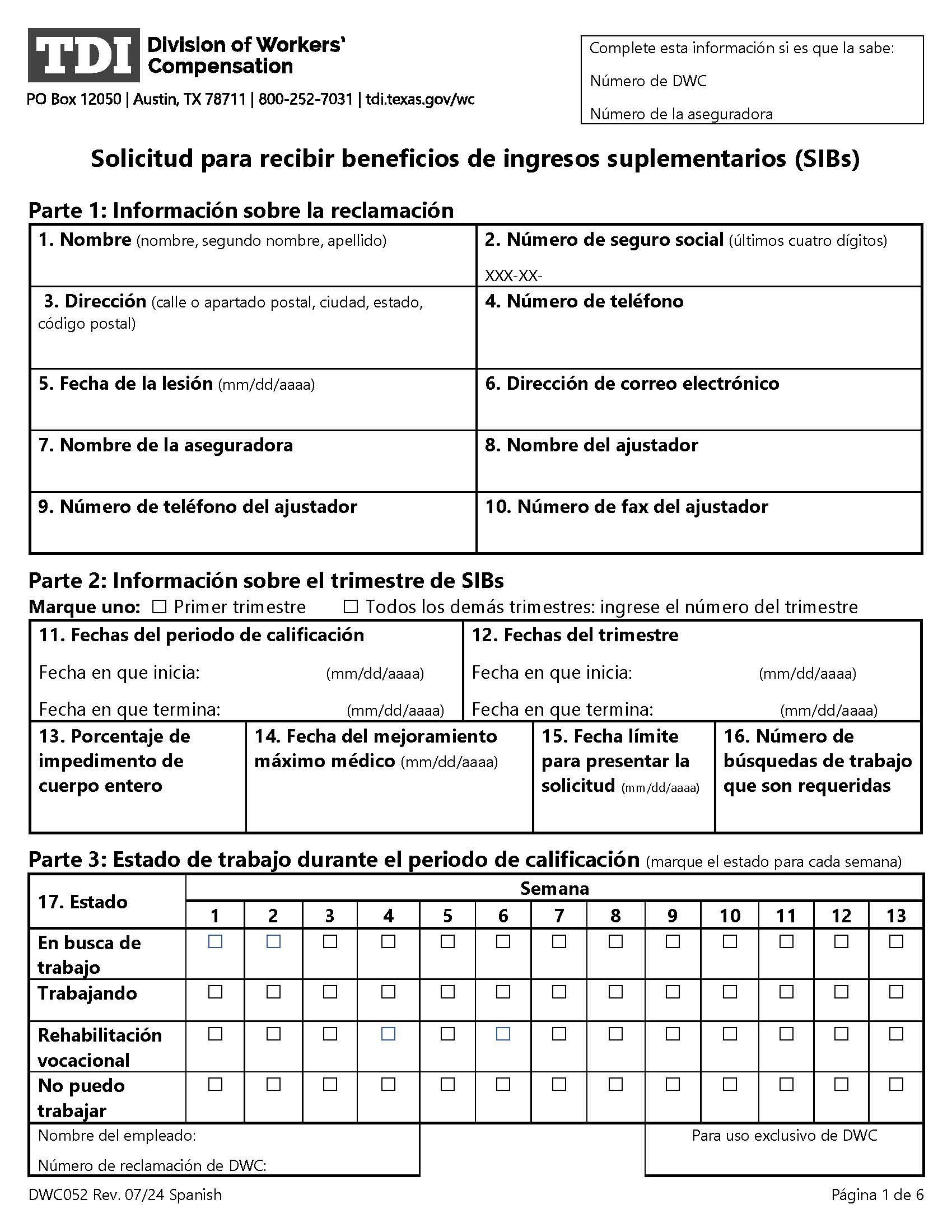 Supplemental Income Benefits (SIBs) Application (Spanish) {DWC-52S} | Pdf Fpdf Doc Docx | Texas