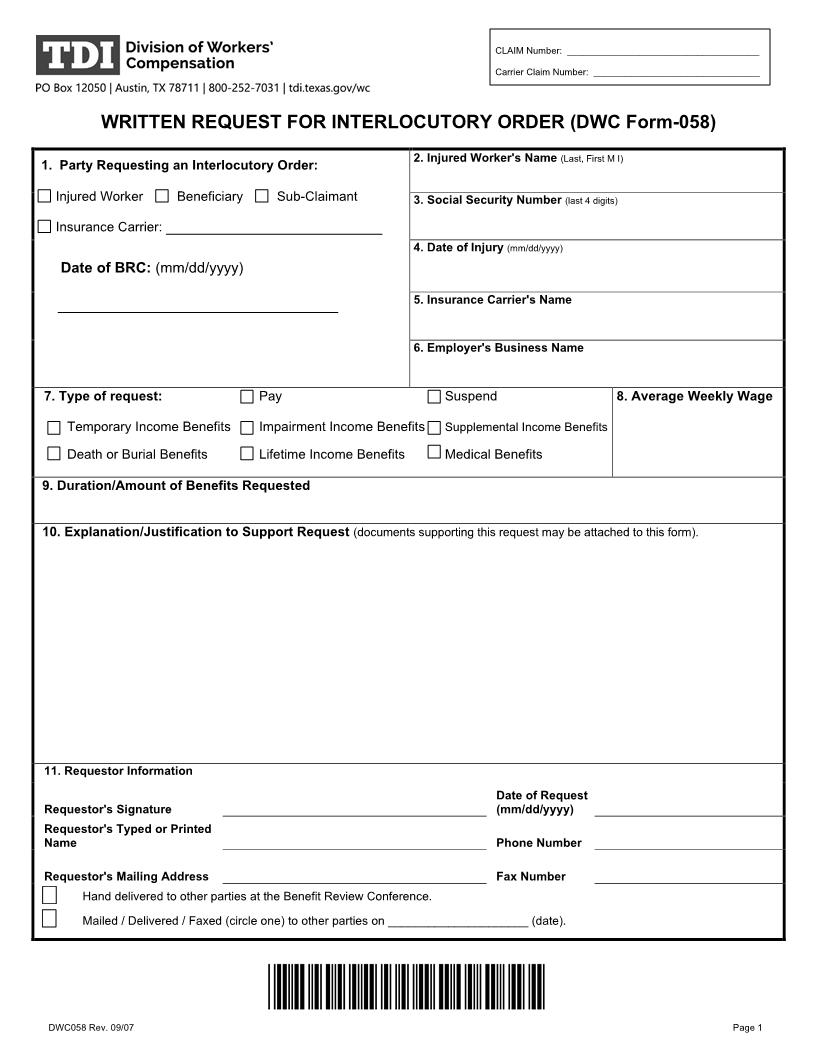 Written Request For Interlocutory Order {DWC-58} | Pdf Fpdf Doc Docx | Texas