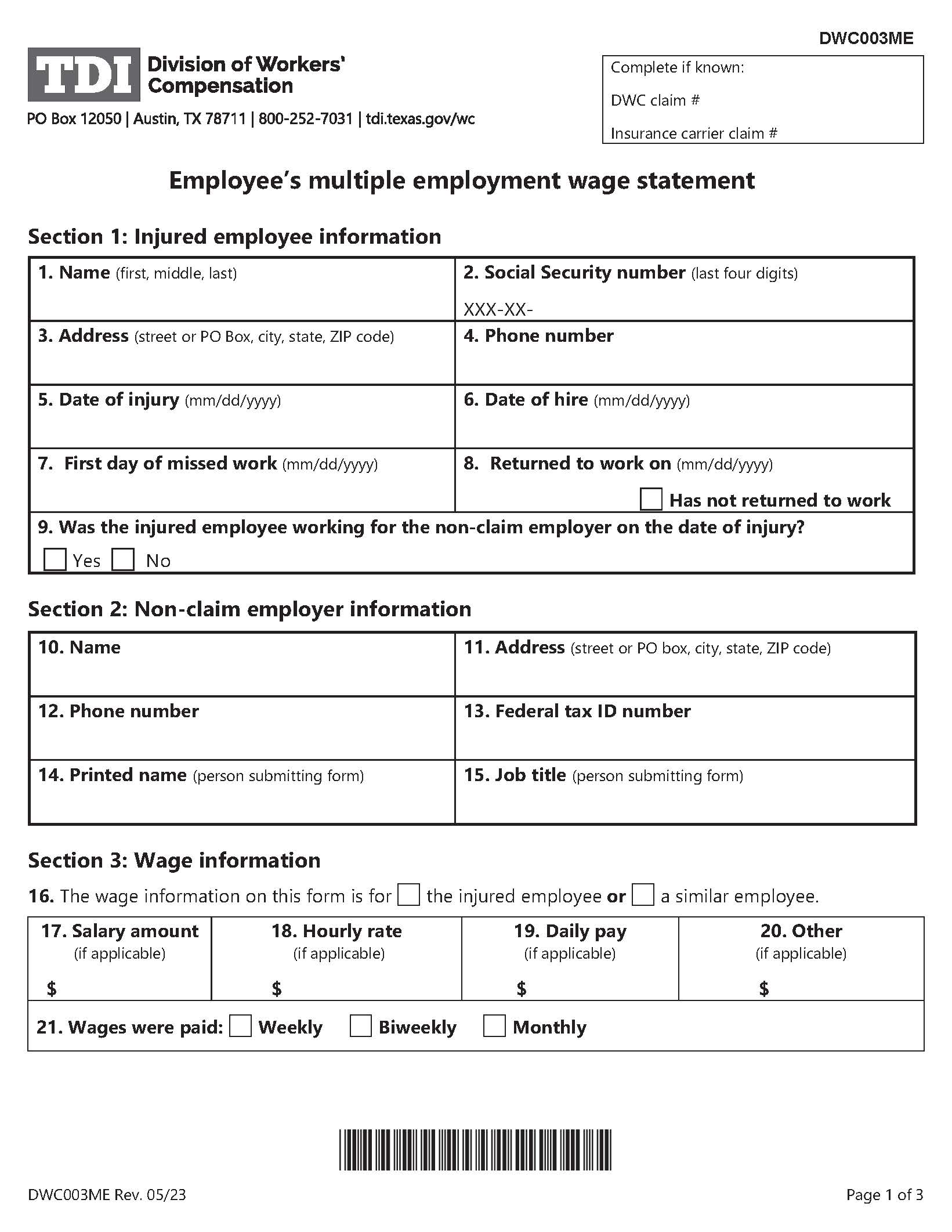 Employees Multiple Employment Wage Statement {DWC-3ME} | Pdf Fpdf Doc Docx | Texas