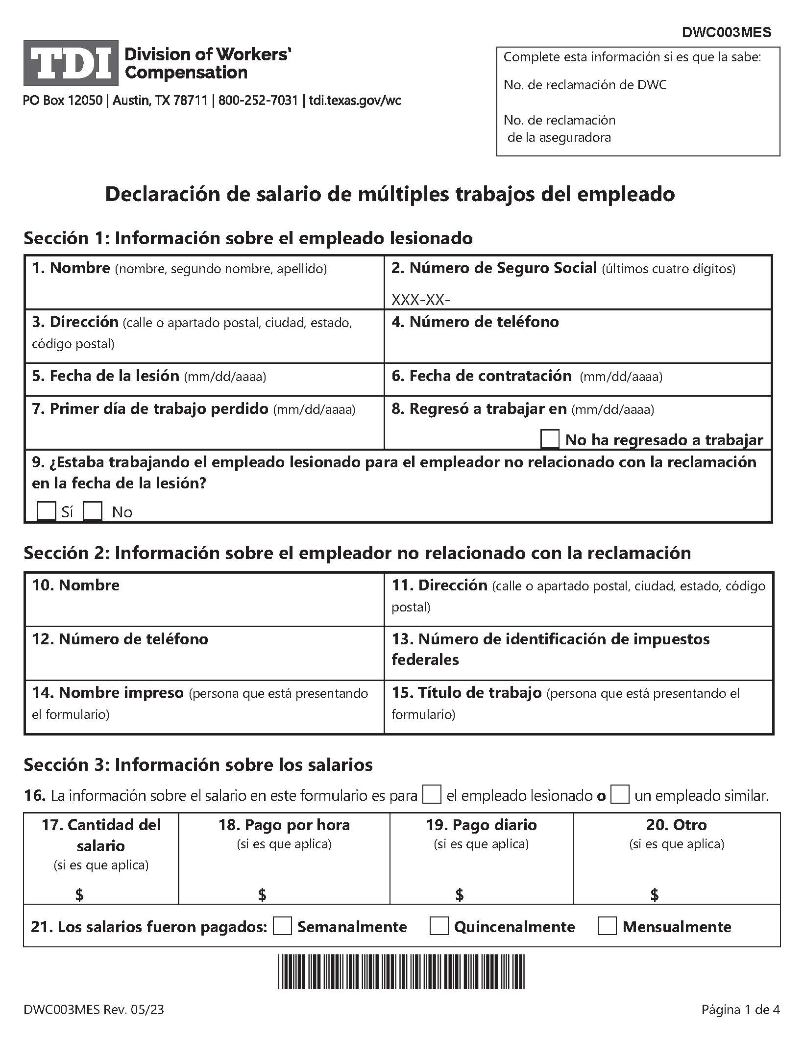 Employees Multiple Employment Wage Statement (Spanish) {DWC-3MES} | Pdf Fpdf Doc Docx | Texas
