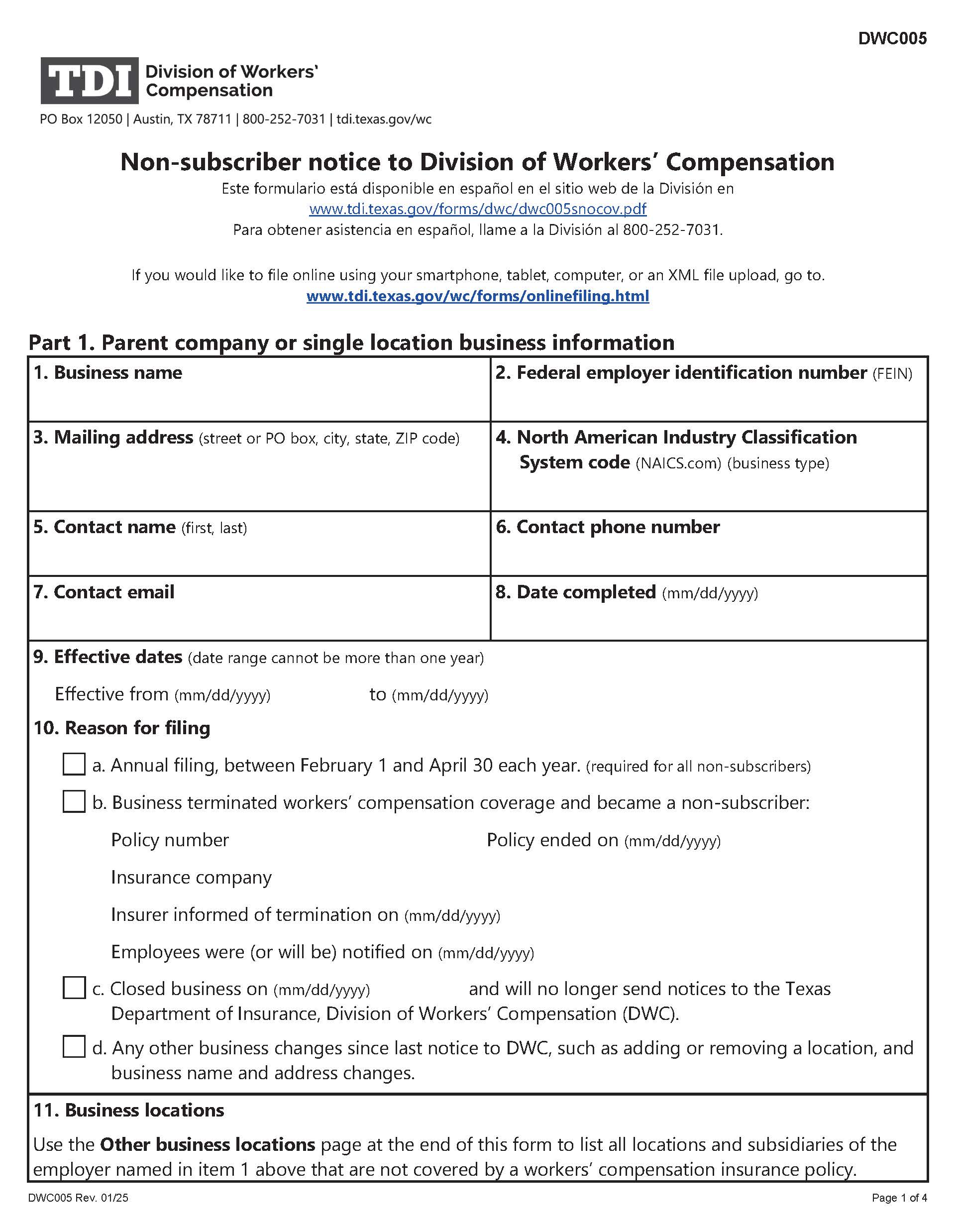 Employer Notice Of No Coverage Or Termination Of Coverage {DWC-5} | Pdf Fpdf Docx | Texas
