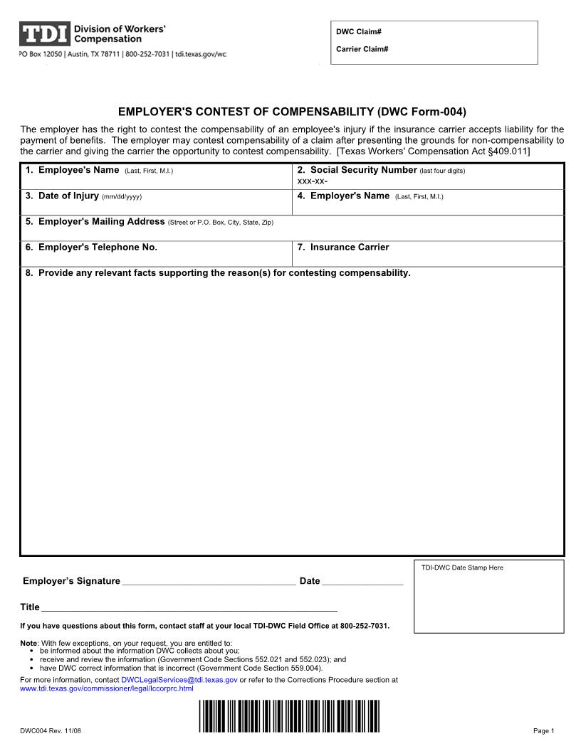 Employers Contest Of Compensability {DWC-4} | Pdf Fpdf Doc Docx | Texas