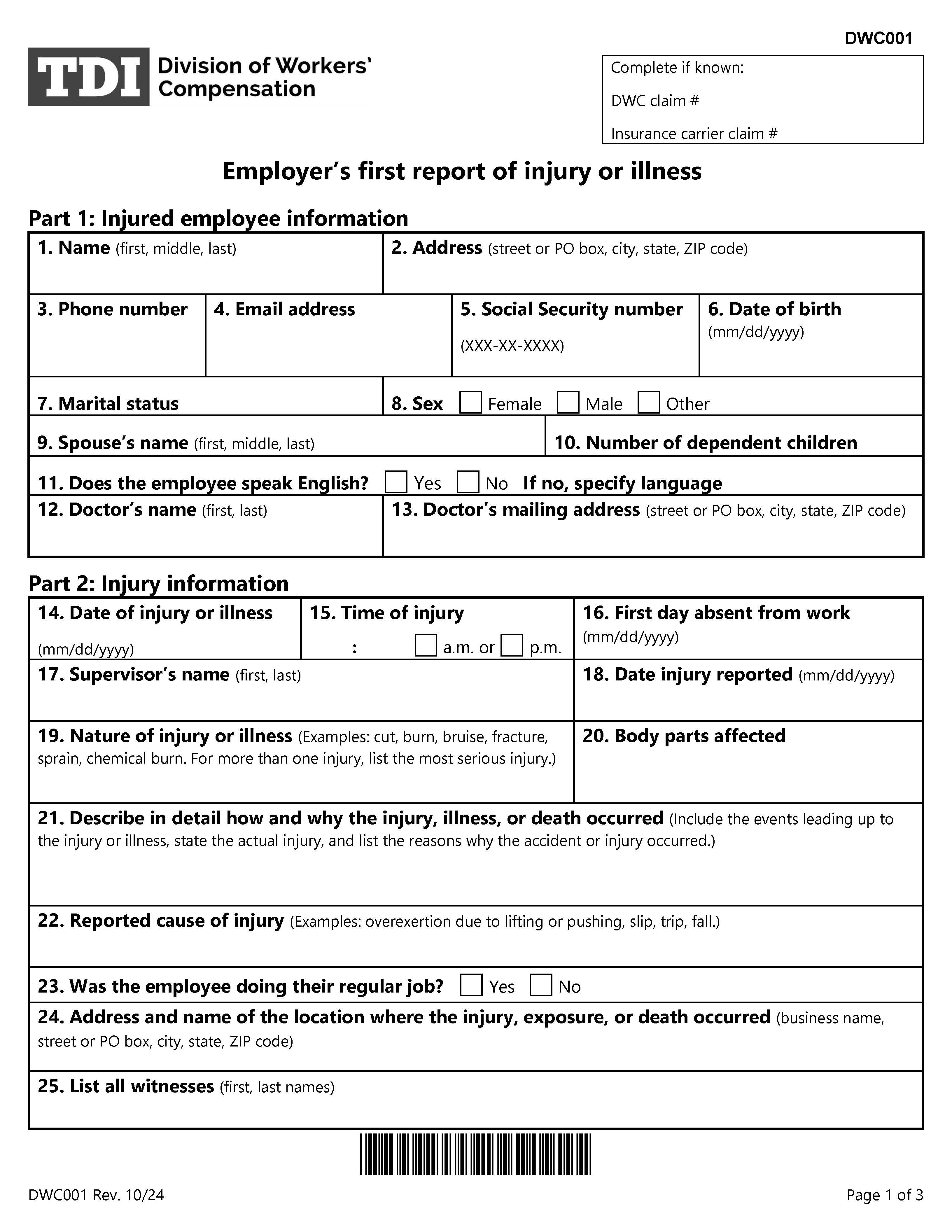 Employers First Report Of Injury Or Illness {DWC-1} | Pdf Fpdf Doc Docx | Texas