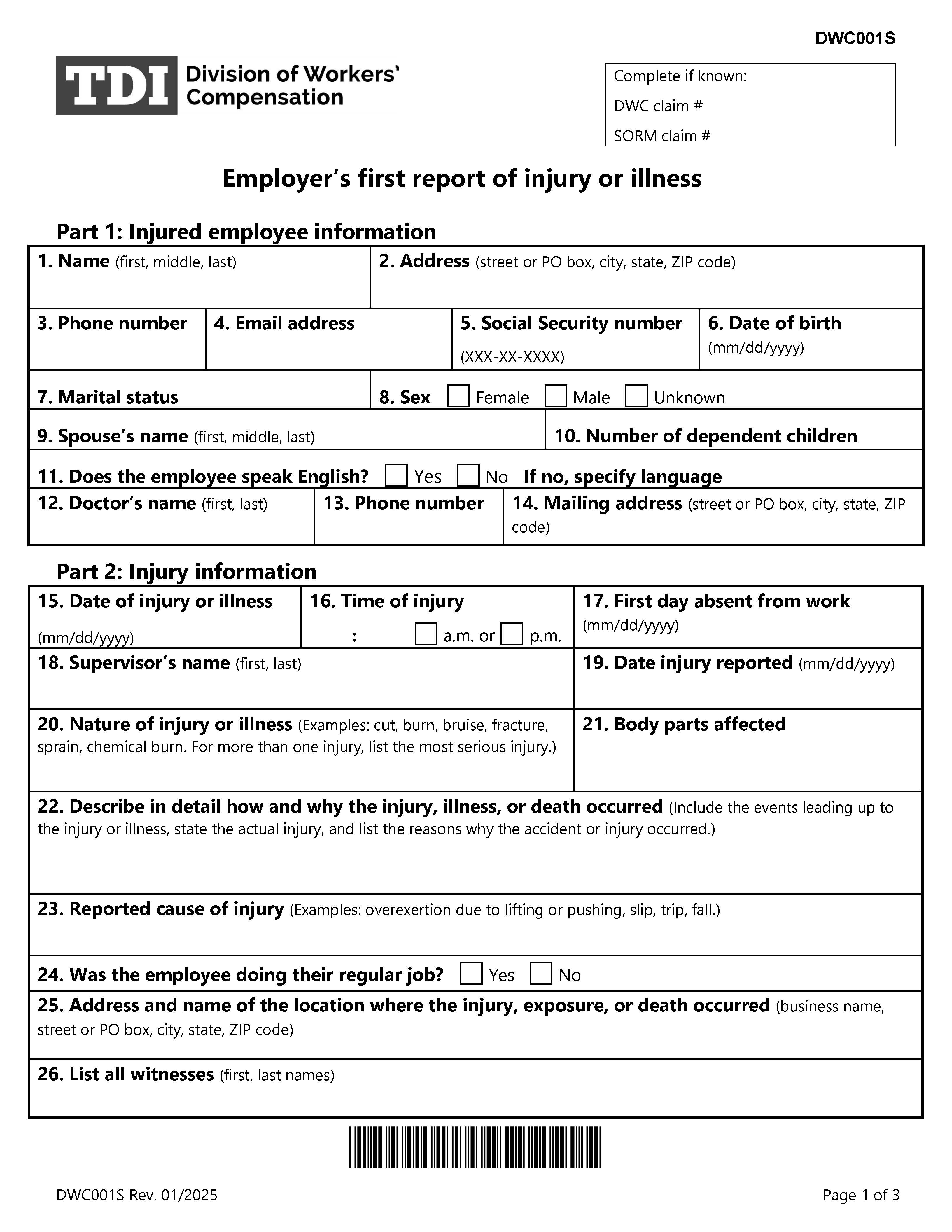 Employers First Report Of Injury Or Illness (For State Employees) {DWC-1S} | Pdf Fpdf Doc Docx | Texas