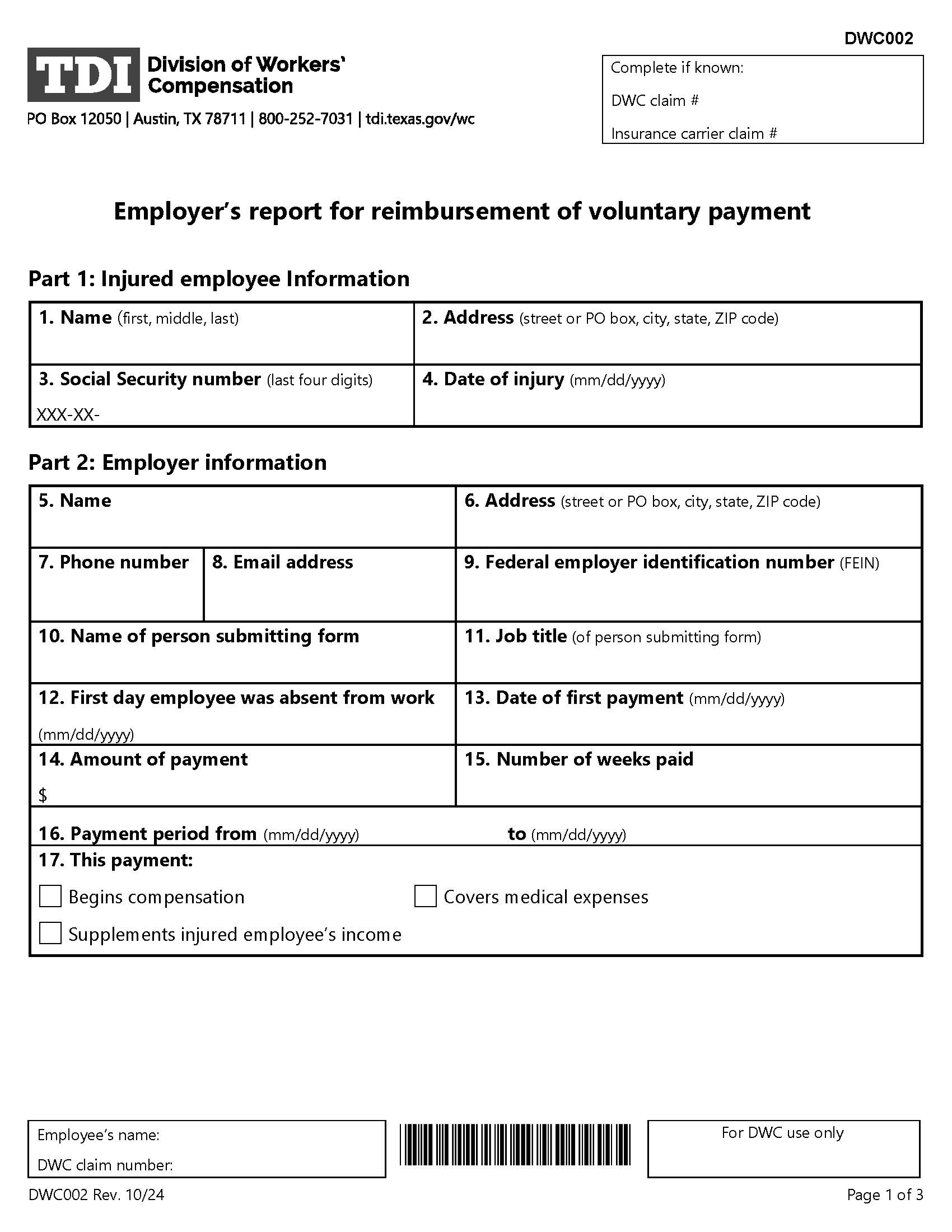 Employers Report For Reimbursement Of Voluntary Payment {DWC-2} | Pdf Fpdf Doc Docx | Texas