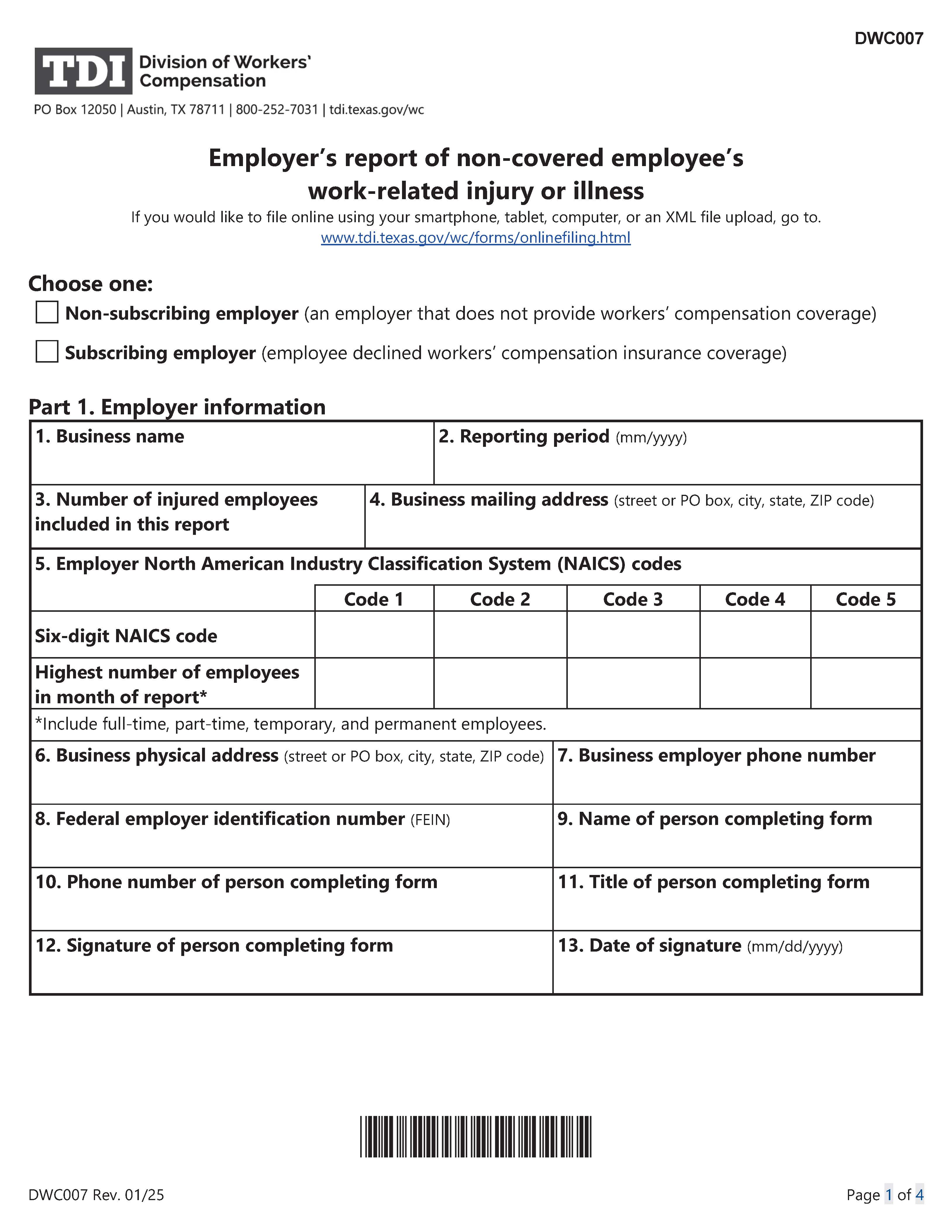 Employers Report Of Non-Covered Employees Occupational Injury Or Disease {DWC-7} | Pdf Fpdf Doc Docx | Texas