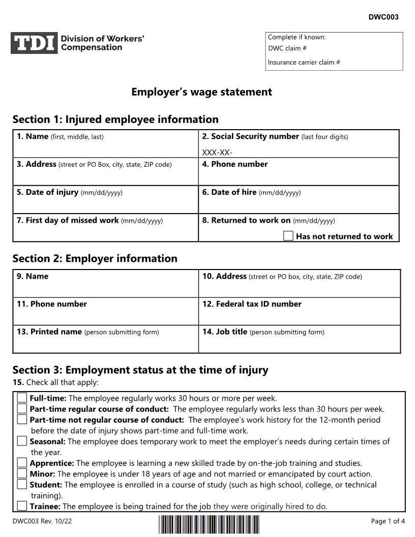 Employers Wage Statement {DWC-3} | Pdf Fpdf Doc Docx | Texas