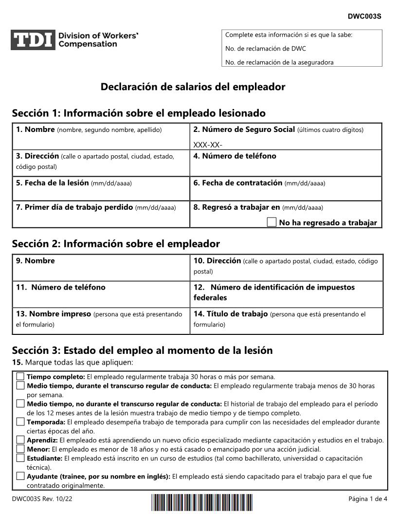 Employers Wage Statement (Spanish) {DWC-3S} | Pdf Fpdf Doc Docx | Texas
