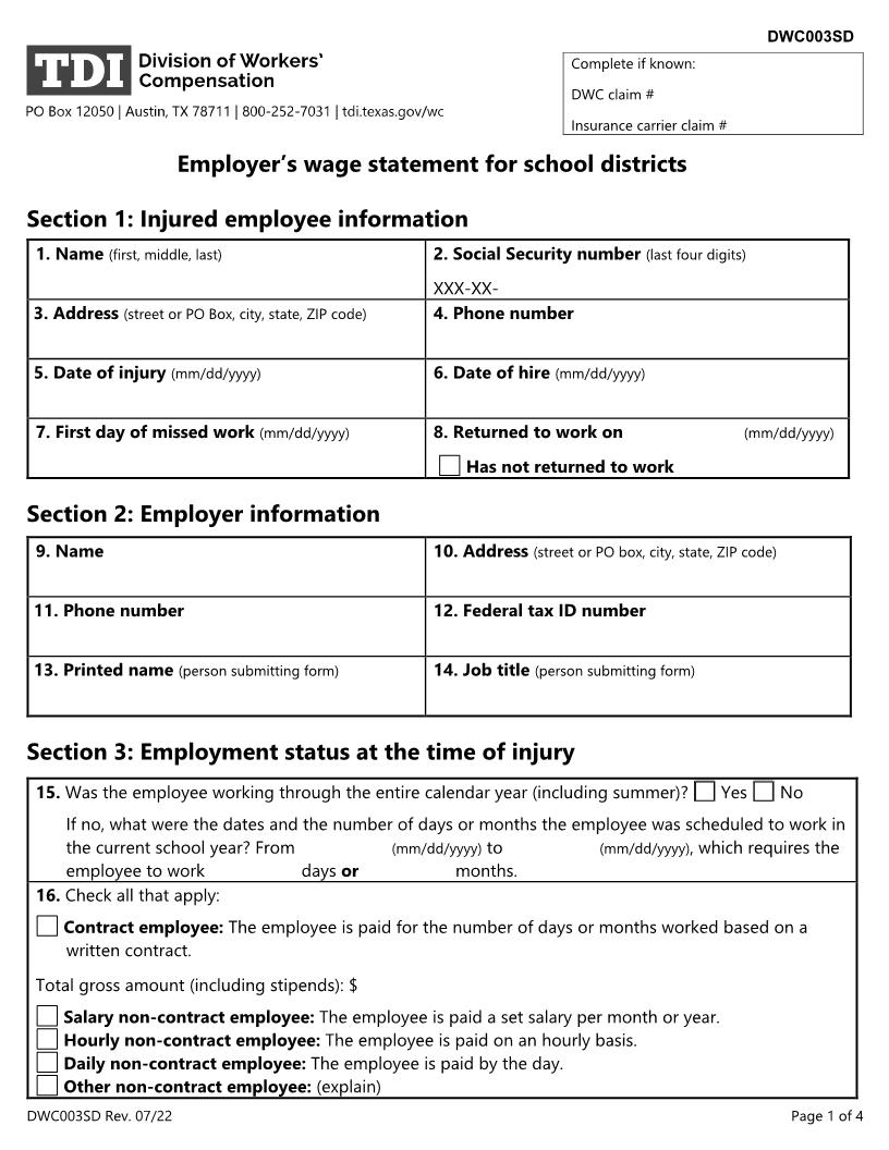 Employers Wage Statement For School Districts {DWC-3SD} | Pdf Fpdf Doc Docx | Texas