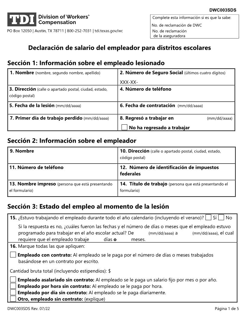Employers Wage Statement For School Districts (Spanish) {DWC-3SDS} | Pdf Fpdf Doc Docx | Texas