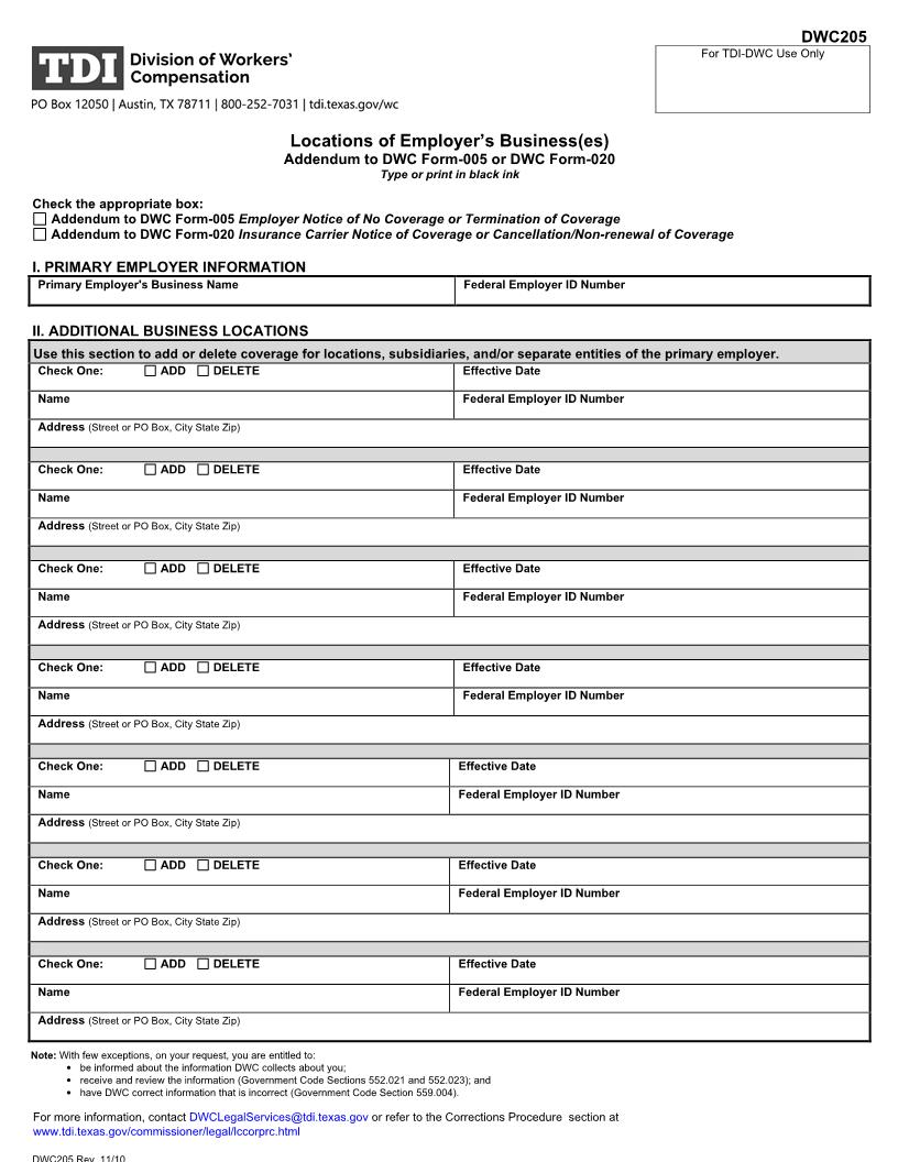 Locations Of Employers Business(es) {DWC205} | Pdf Fpdf Doc Docx | Texas