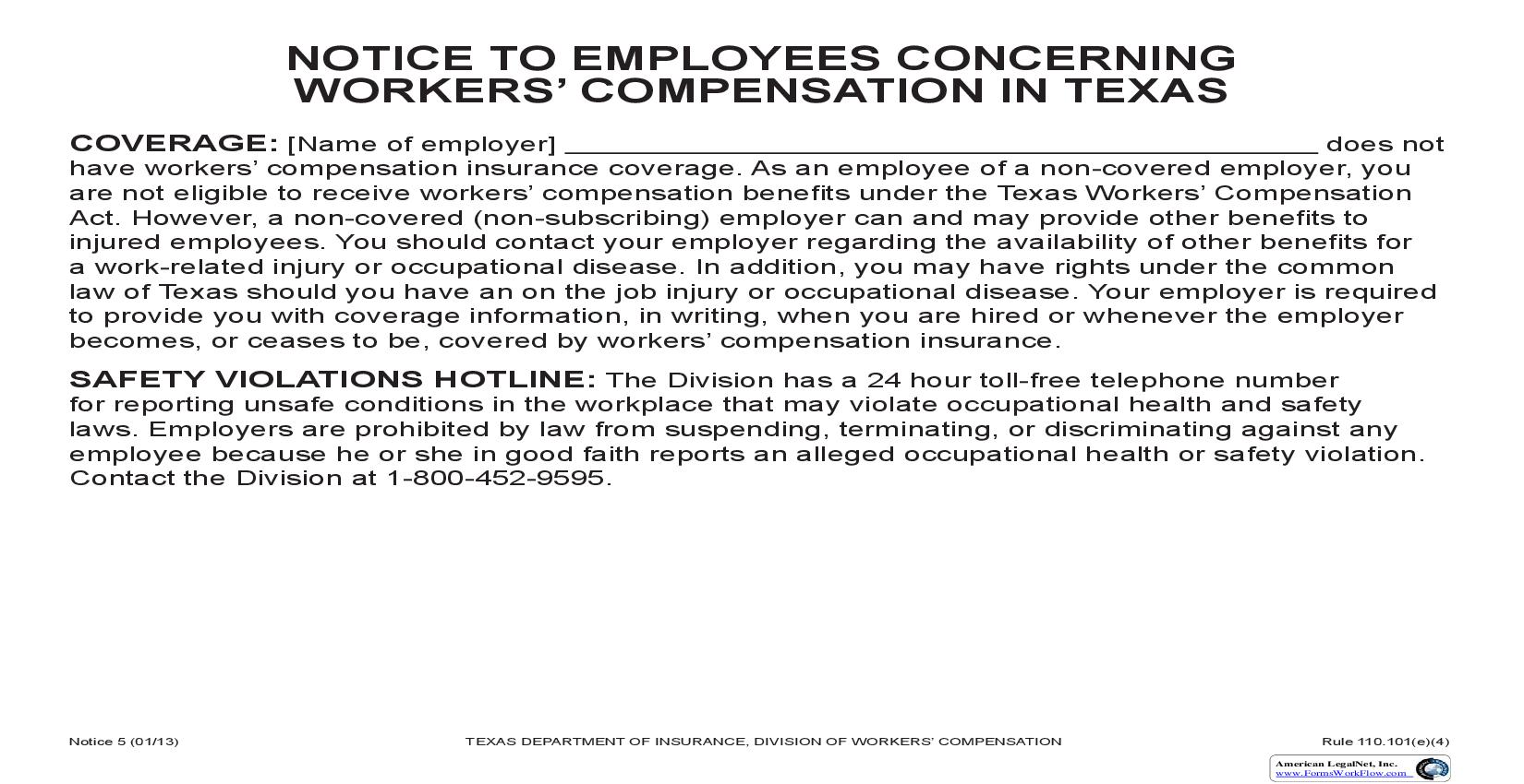 Notice To Employees Concerning Workers Compensation In Texas (Notice 5) | Pdf Fpdf Doc Docx | Texas