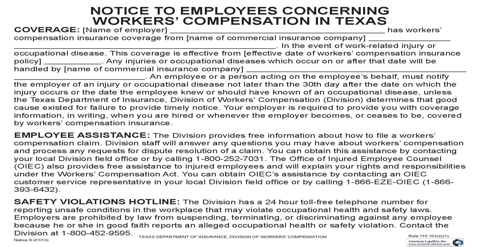Notice To Employees Concerning Workers Compensation In Texas (Notice 6) | Pdf Fpdf Doc Docx | Texas