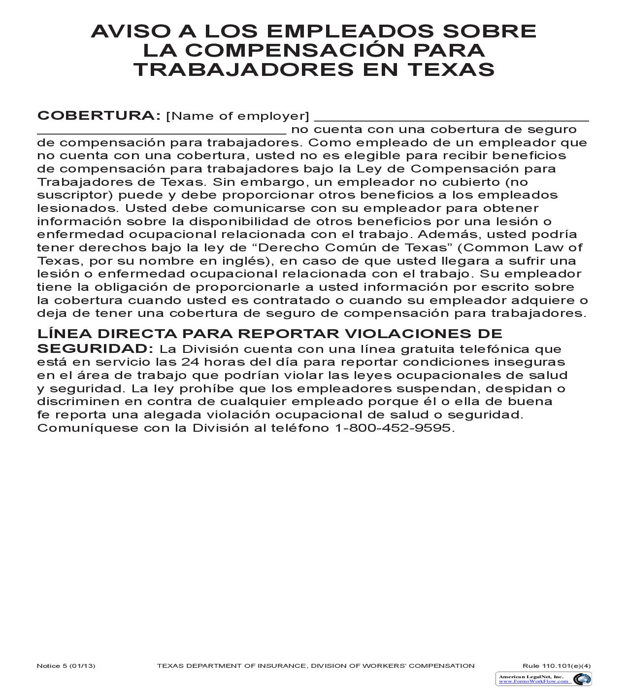 Notice To Employees Concerning Workers Compensation In Texas (Spanish) (Notice 5) | Pdf Fpdf Doc Docx | Texas