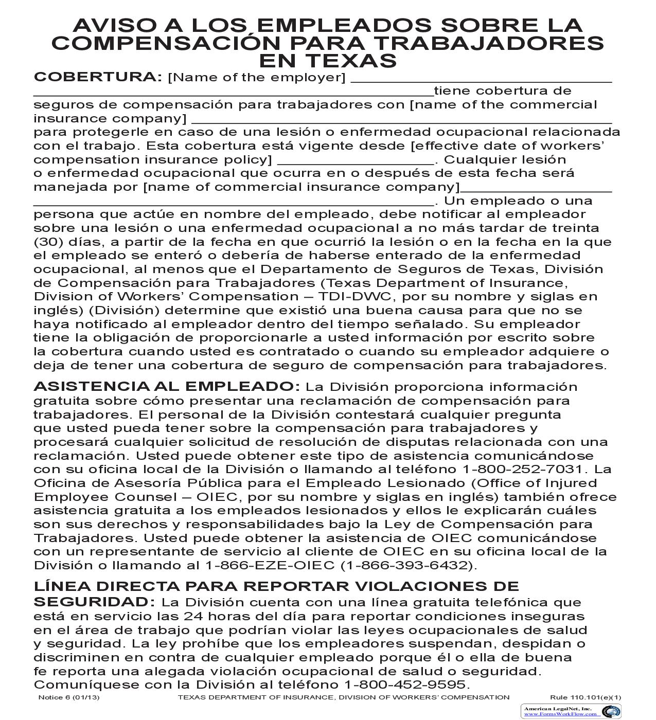 Notice To Employees Concerning Workers Compensation In Texas (Spanish) (Notice 6) | Pdf Fpdf Doc Docx | Texas