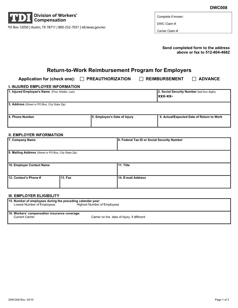 Return To Work Reimbursement Program For Employers {DWC-8} | Pdf Fpdf Doc Docx | Texas