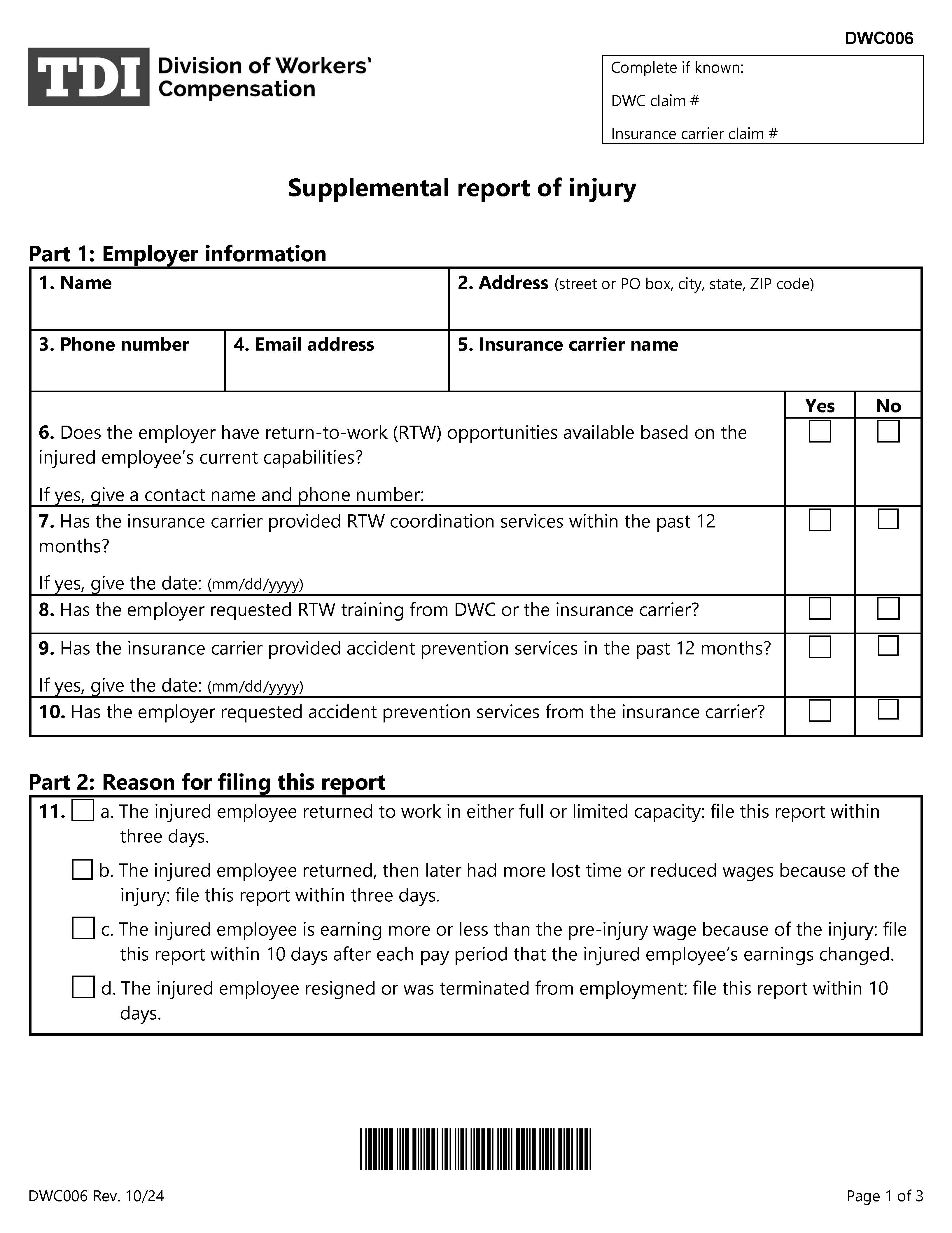 Supplemental Report Of Injury {DWC-6} | Pdf Fpdf Doc Docx | Texas