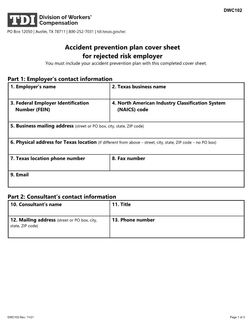 Accident Prevention Plan Cover Sheet {DWC-102} | Pdf Fpdf Doc Docx | Texas