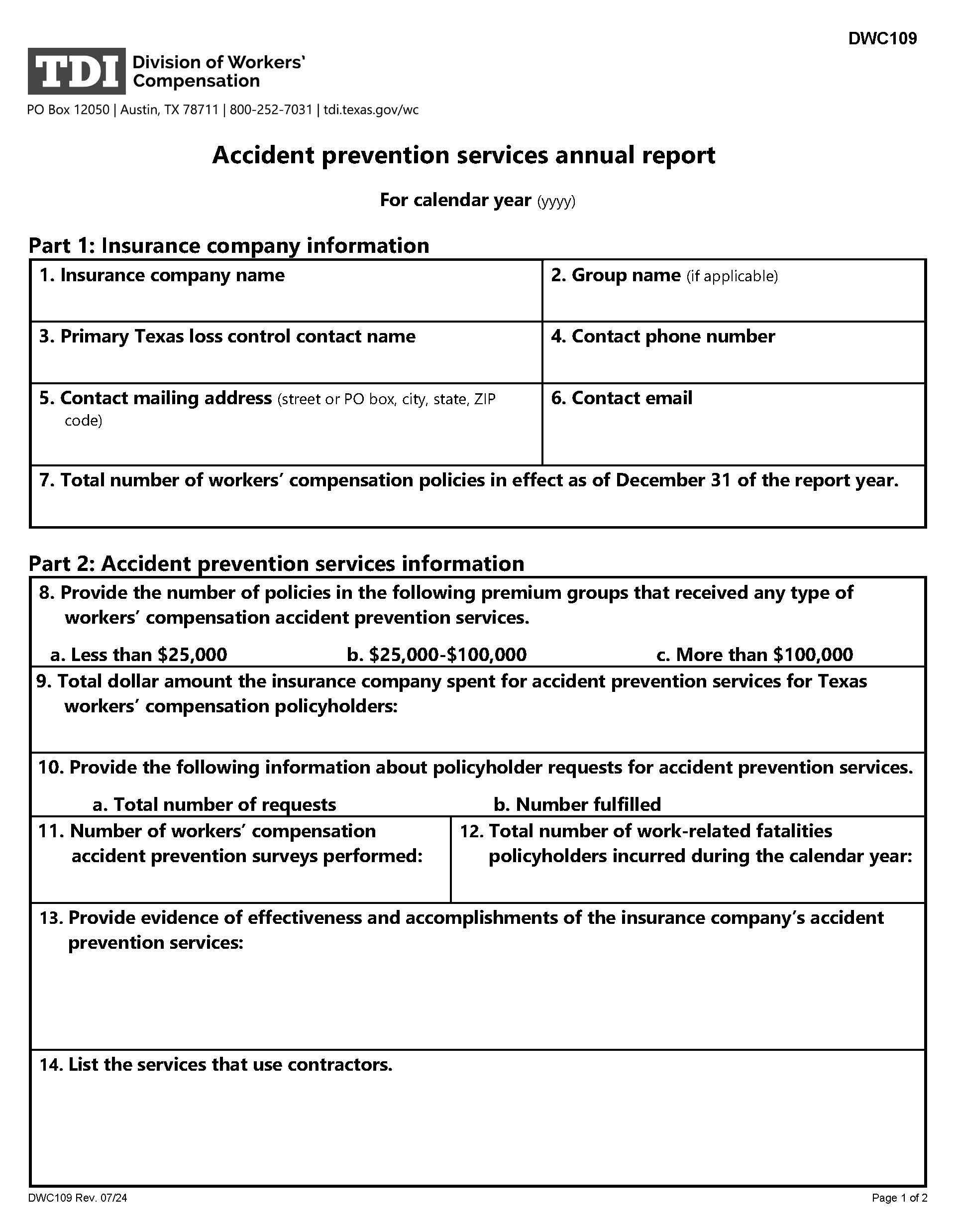 Accident Prevention Services Annual Report {DWC-109} | Pdf Fpdf Doc Docx | Texas