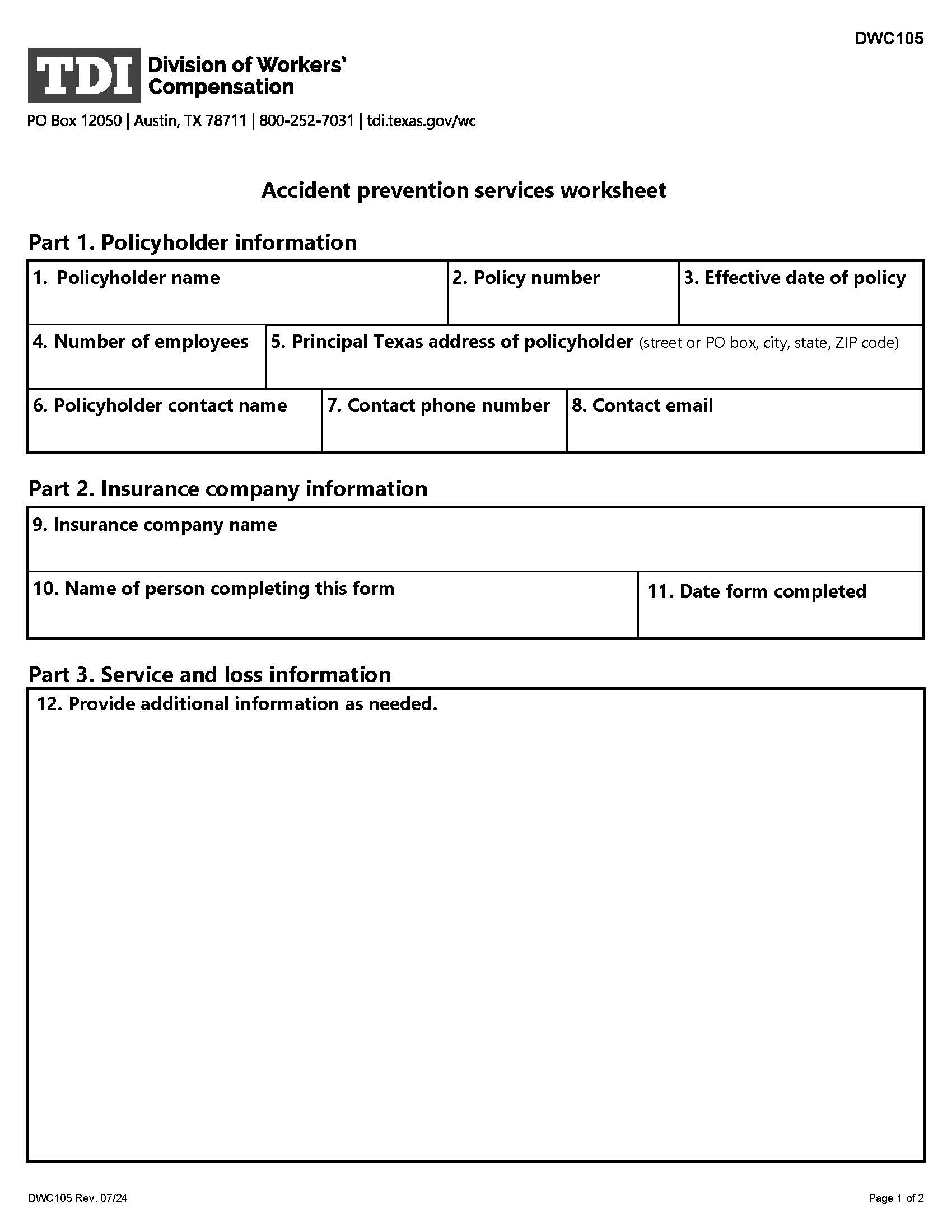 Accident Prevention Services Worksheet {DWC-105} | Pdf Fpdf Doc Docx | Texas