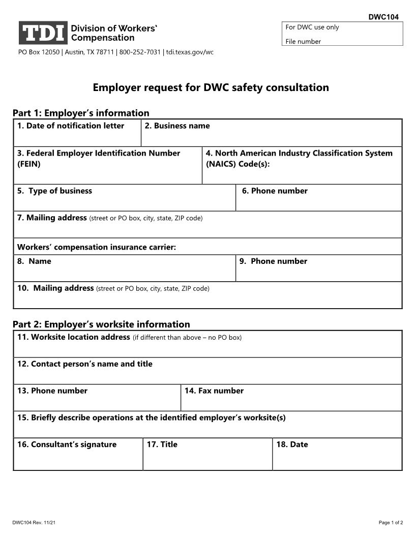 Employer Request For DWC Safety Consultation {DWC-104} | Pdf Fpdf Doc Docx | Texas