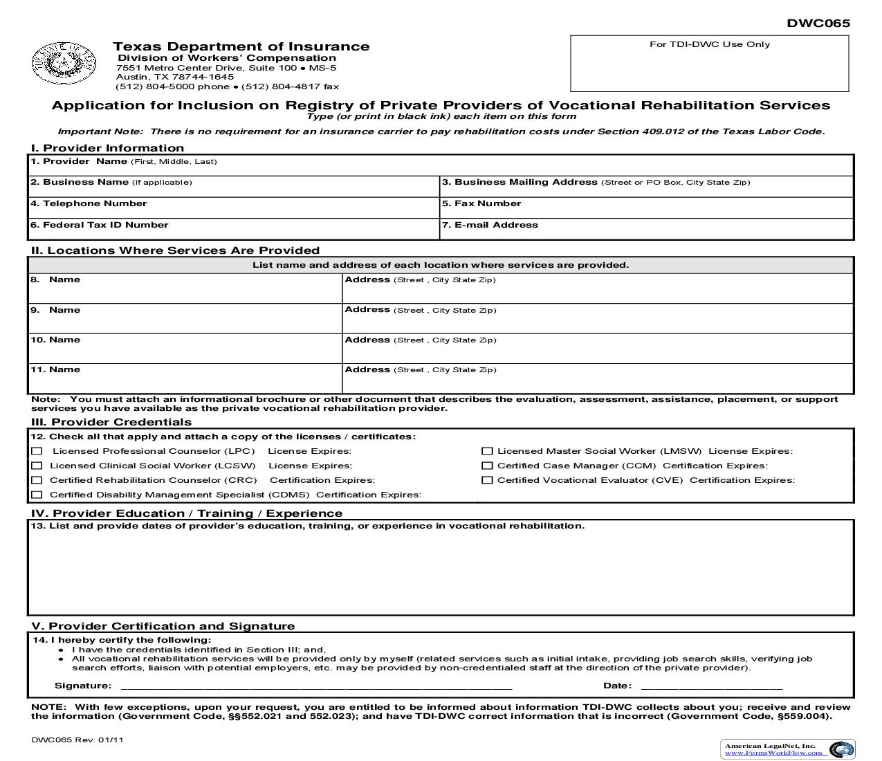Application For Inclusion On Registry Of Private Providers Of Vocational Reahabilitation Services {DWC-65} |  | Texas