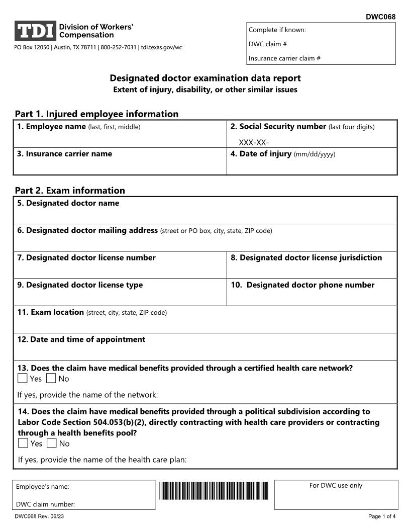 Designated Doctor Examination Data Report {DWC-68} | Pdf Fpdf Docx | Texas