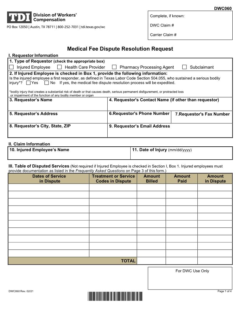 Medical Fee Dispute Resolution Request {DWC-60} | Pdf Fpdf Doc Docx | Texas