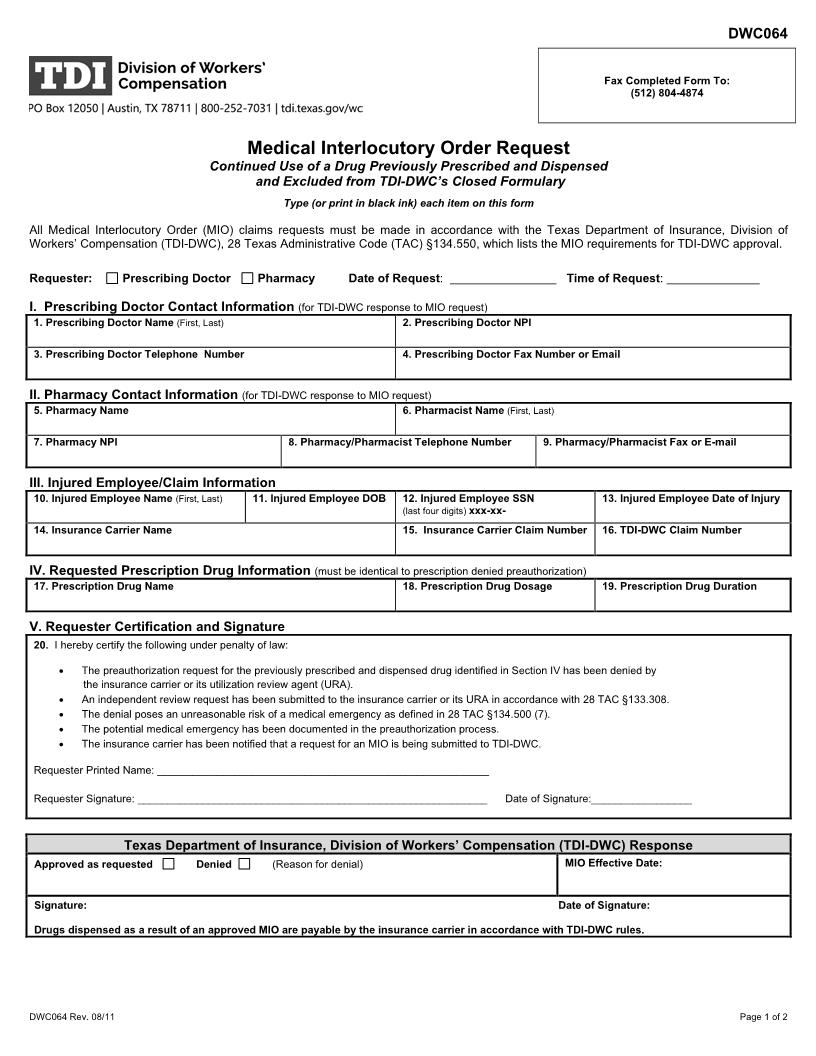 Medical Interlocutory Order Request {DWC-64} | Pdf Fpdf Doc Docx | Texas