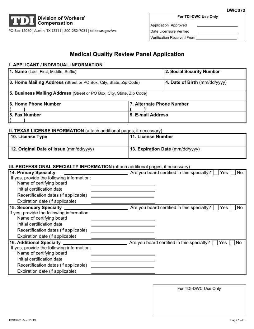 Medical Quality Review Panel Application {DWC-72} | Pdf Fpdf Docx | Texas